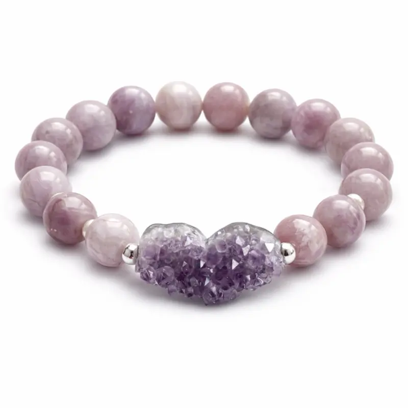 Adults' Semiprecious Stone Stretch Bracelet - Genuine Rose Quartz Gemstone Beads, Raw Druzy, Amethyst Heart for Everyday Wear, Love, Self-Love, Compassion, Emotional Healing
