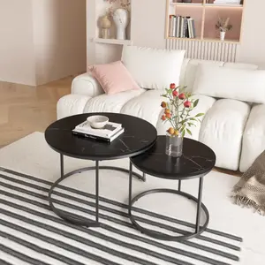 Nesting Coffee Table Set of 2 – 27.6 Inch Round Coffee Table Wood Marble Pattern Top with Sturdy Metal Frame for Living Room – Home Essentials Living Room Decor