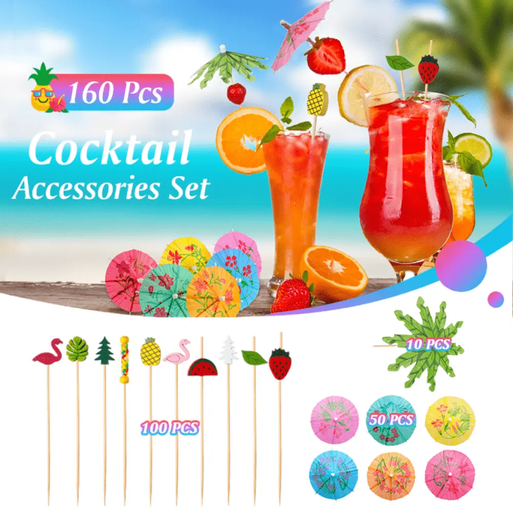 1Set Safe 160pcs Cocktail Drink Decoration Accessories - 60 Cocktail Umbrellas, 100 Coconut Palm Colorful Bamboo Fruit Picks - Pet Fish Aquatic Decor, Pool Party, Independence Day, Sandwich, Cake Decor