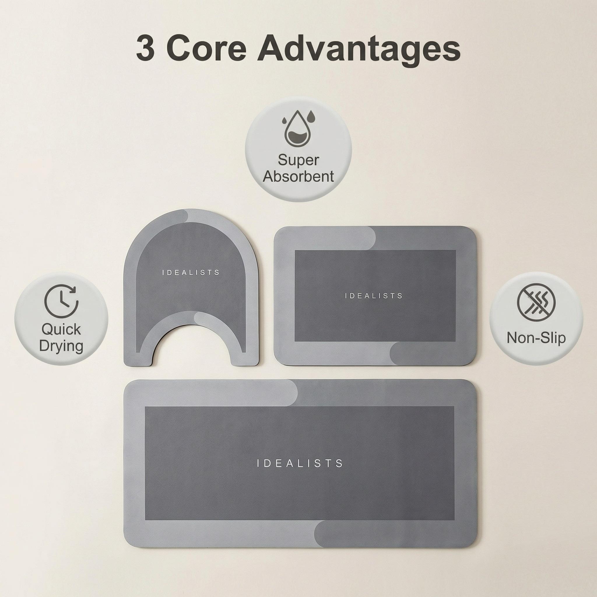 3Pcs Absorbent Diatomite Bath Mats Non-Slip Quick Dry Bathroom Floor Mats Simple Gray Nordic Style Thick Durable Shower Rugs Washable Bath Carpets for Bathroom Toilet Kitchen