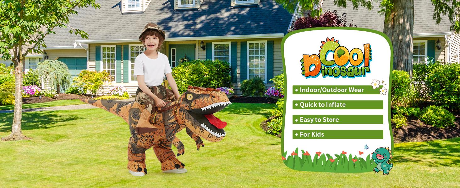 GOOSH Inflatable Dinosaur Costume Halloween Blow up T-Rex Costume for Kids Party Cosplay with Large Claws Teeth and Tail Adjustable Elastic Waist