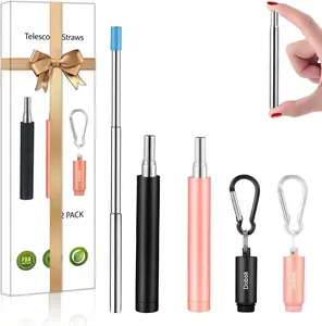 2 Pack Reusable Metal Straws Collapsible Stainless Steel Drinking Straw Travel Portable Telescopic Straw with Case for Cruise Ship Essentials Black Rose Gold Eco-friendly Materials Easy to Clean