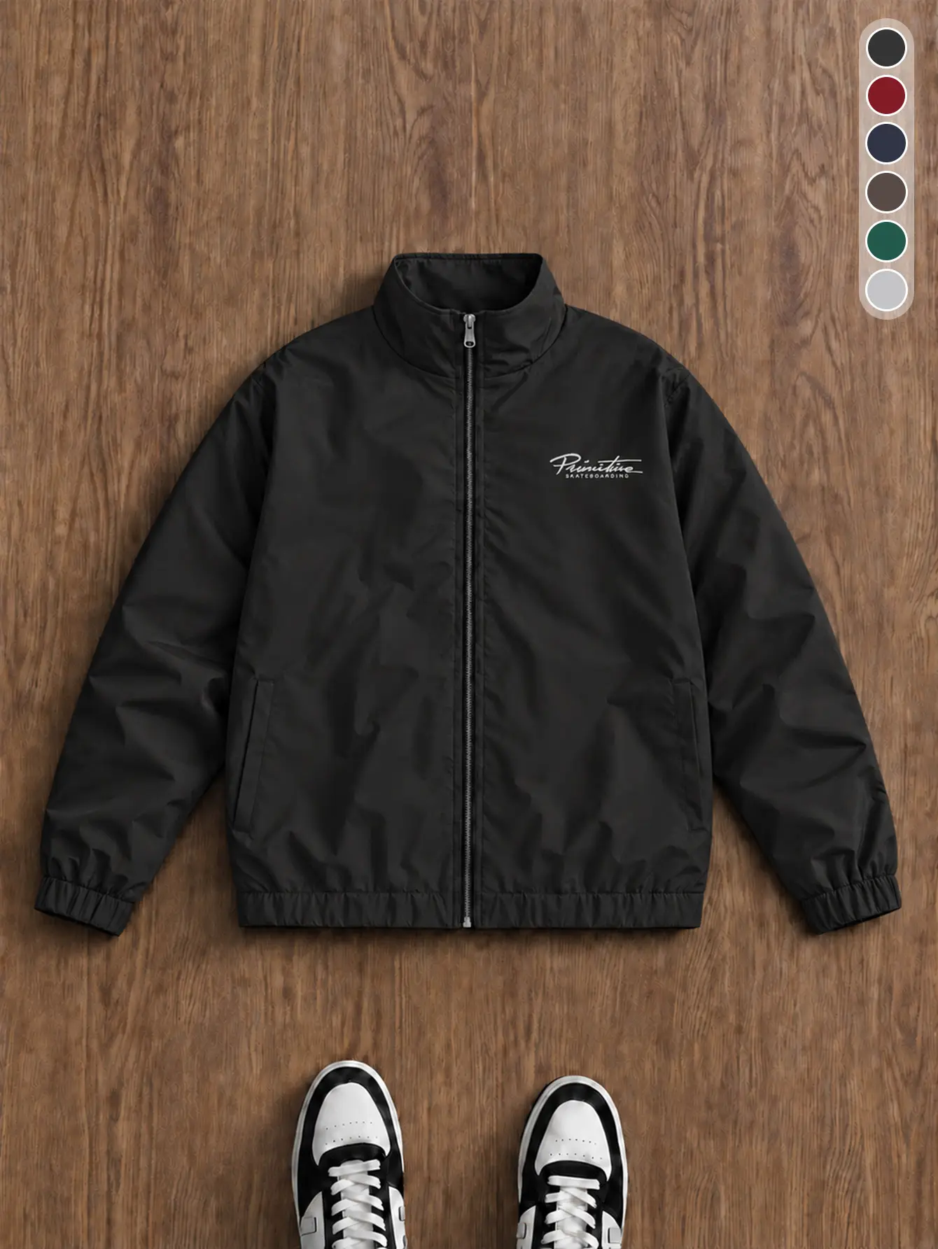 Men Primitive Skateboarding Script Logo Stand Collar Jacket Full Zip Elastic Cuff Lightweight Windproof Casual Streetwear Coat