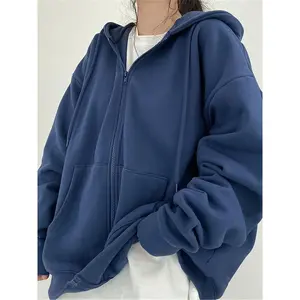 Women's Cozy Fleece-Lined Zippered Hoodie - Casual Loose Fit, Solid Gray Cardigan with Pockets, for Fall/Winter