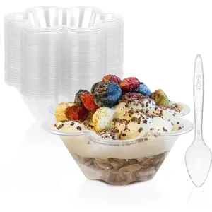 8 oz Dessert Cups with Spoons, 50 Pack Clear Plastic Small Party Serving Bowls for Sundae, Parfait, Fruit, Strawberry Shortcake, Disposable Snack Bowls (Flower Shape) paper ring garland cake container