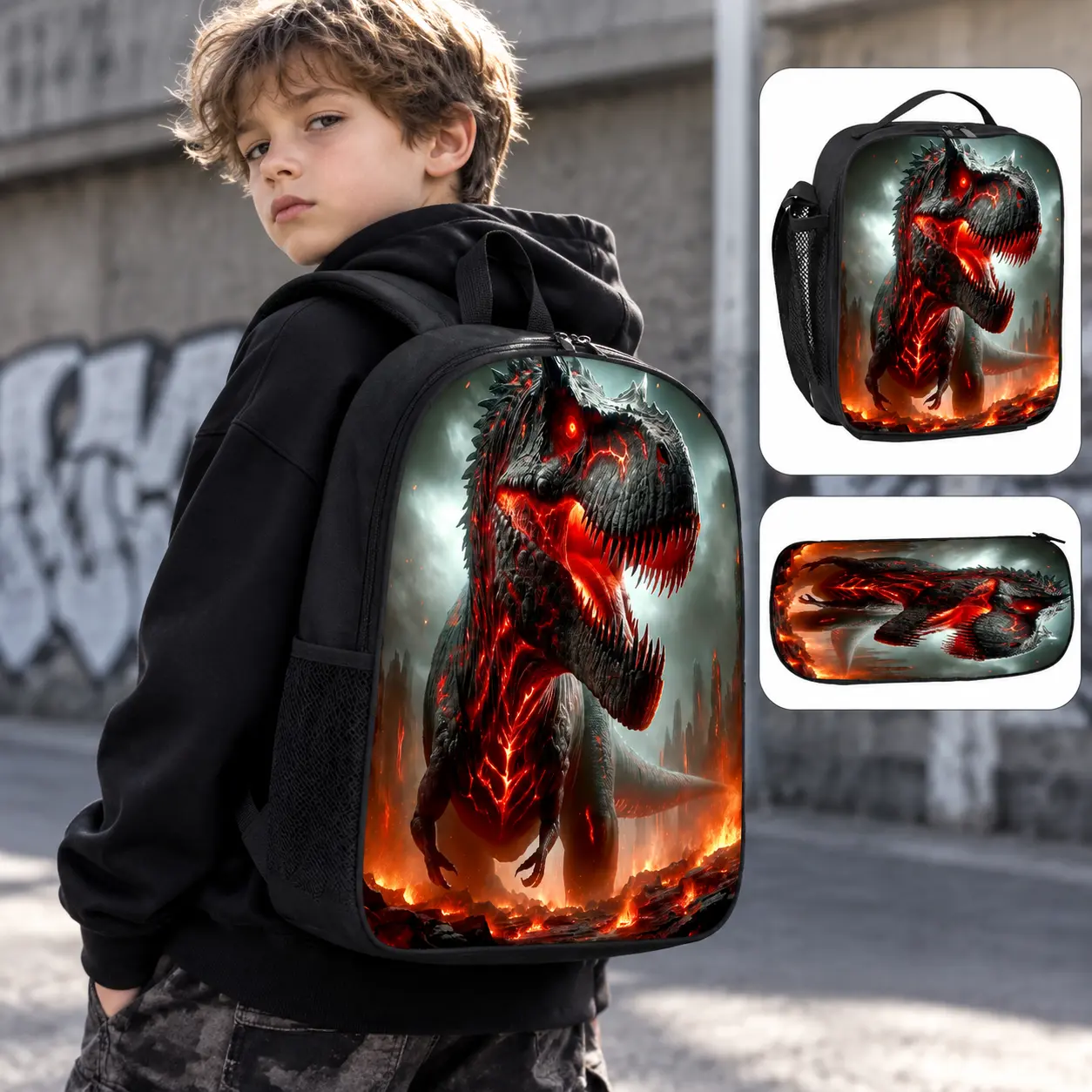 Dinosaur Backpack 3 Piece Set for Boys Lava T-Rex School Bag with Insulated Lunch Bag Pencil Case Cool Fire Monster Bookbag Kids Elementary Travel Rucksack Back to School Gifts zipper