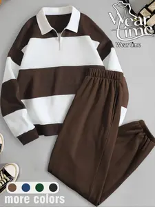 Women's Fall Winter Colorblock Polo Collar Fitted Sweatshirt Set, Long Sleeve Top and Pants, Casual Fashion Outfit Womenswear