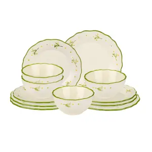 MONAZONE Dinnerware Set, Hand-painted Daisy Ceramic Dishware Set, Creamy White with Green Rim & Floral Pattern, Underglaze Craft