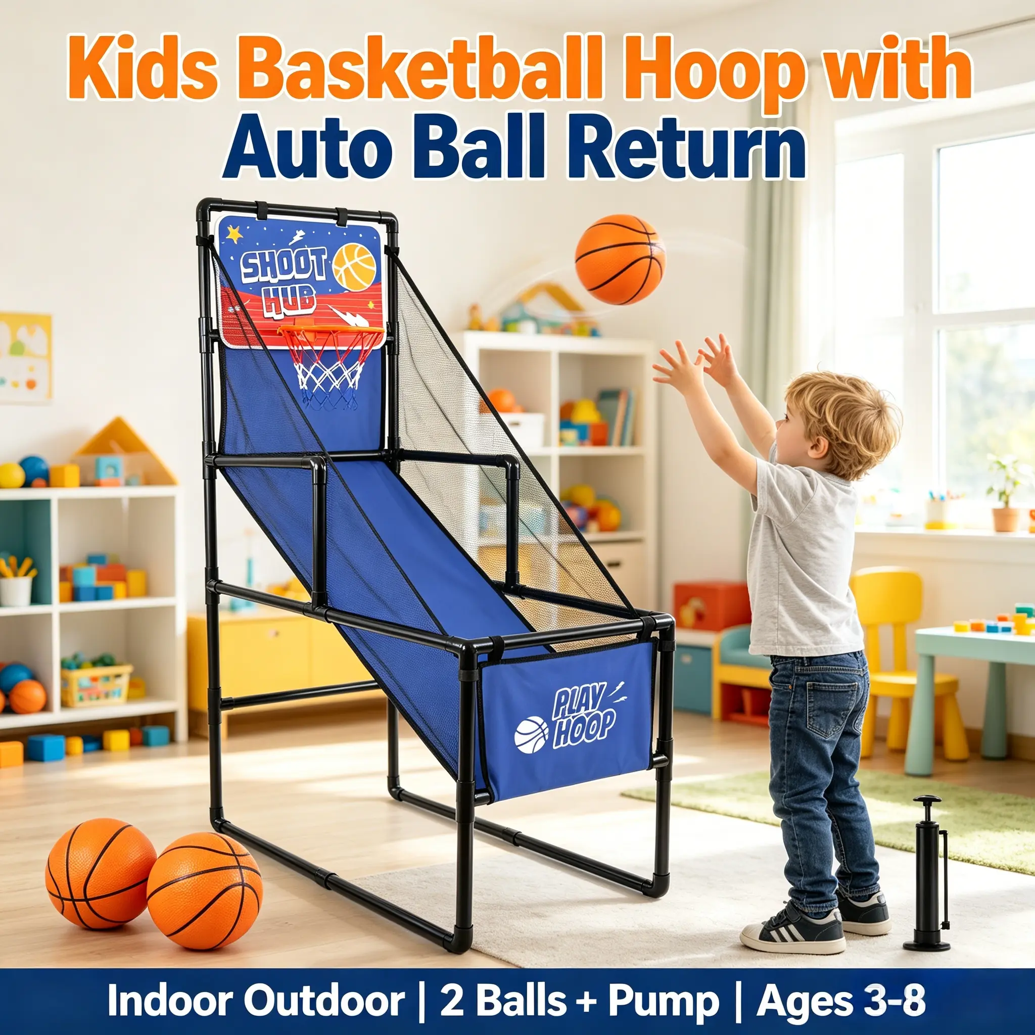 Portable Silent Silky Kids' Basketball Hoop Set - Compact Foldable Frame, Auto Ball Return Ramp, 2 Basketballs, Air Pump, Sturdy Base - Indoor/Outdoor Family Interactive Toy for Kids Age 3+ (Birthday Gift)