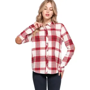 DOORBUSTER Flannel with Suede Patch Button Down Plaid Shirt: Red-Ivory