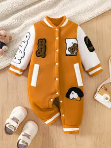 Vintage Baseball Style Baby Boy Fleece Romper, Caramel Block Design, Embroidered Bear Penguin Pattern, Fall Winter