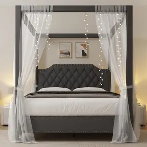 【GARVEE】Queen Canopy Bed Frame with Upholstered Headboard, Four Poster Design, Button Tufted, and Slide Rail, No Box Spring Required, Wooden Slatted Structure, Gray
