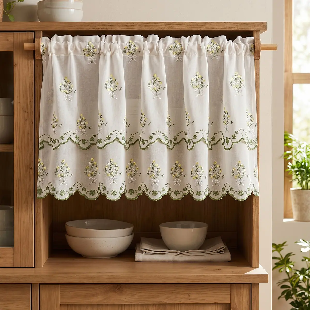1pc New Style Skullcap Flower Embroidered Dual Layer Short Curtain, Knitted Cabinet Half Light Blocking Window Sheer Curtain