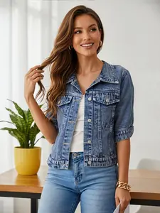 Women's Short Denim Jacket with Snap Button Pockets, short sleeve jean jacket women,short sleeve denim jacket,Summer Fashion Casual Outerwear, Ladies Stylish Clothing