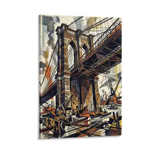 Cubist Printed Canvas Wall Art, Brooklyn Bridge & Industrial Cityscape (Boats/Cranes), Geometric Abstract, Warm Tones, Home Decor for Living/Bedroom/Office