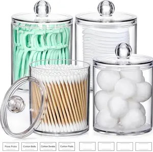 4 Pack Clear Acrylic Qtip Holder Dispenser Set for Cotton Swabs, Balls, Pads, Floss Picks with Lids and Labels for Bathroom and Vanity Storage