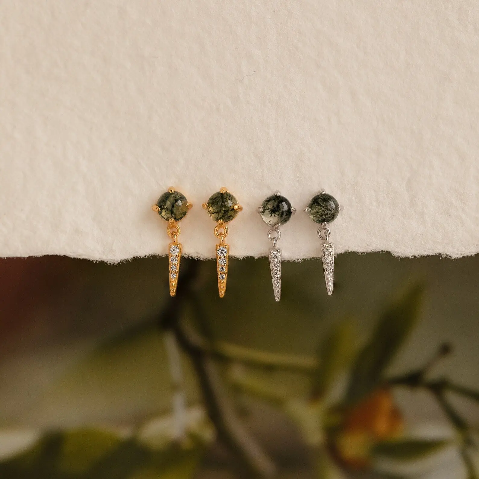 Agate Diamond Drop Earrings by Caitlyn Minimalist - Green Moss Agate Dangle Stud Earrings - Pave Dagger Earrings - Unique Crystal Jewelry - Gift for Her