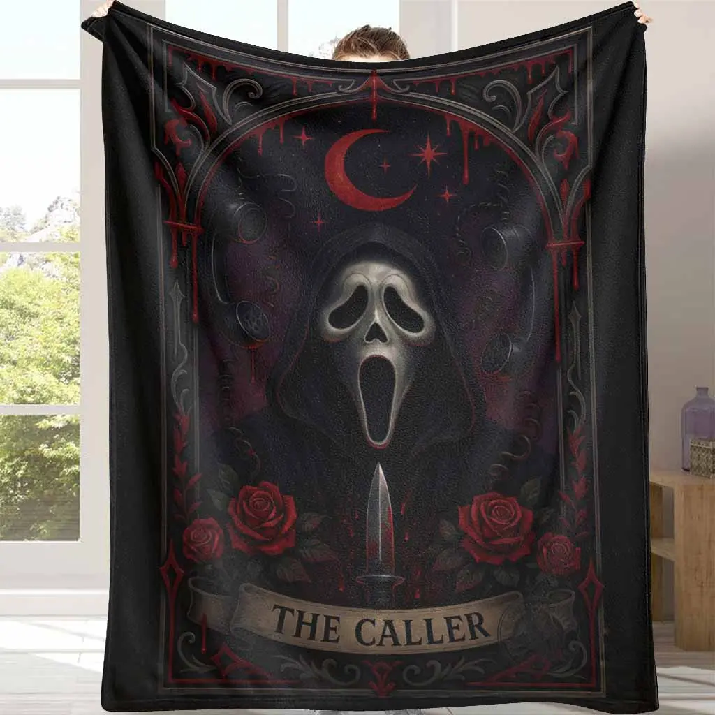 Caller Flannel Blanket - Scream Mask Horror Print Custom Graphic Digital Printing Film-Themed Halloween Graphic Blanket, Soft Cozy Lightweight Bedding Throw for Movie Nights, Unique Gift for Horror Fans, Custom Graphic Blankets, Digital Printing Blankets