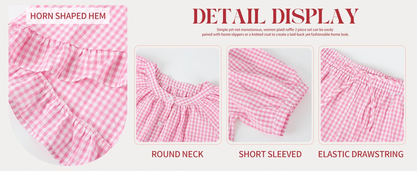 Yimoon Gingham Pajama Set for Women 2 Piece Plaid Cotton Button Down Top and Pants Pjs Ruffle Lounge set Sleepwear Casual Chic