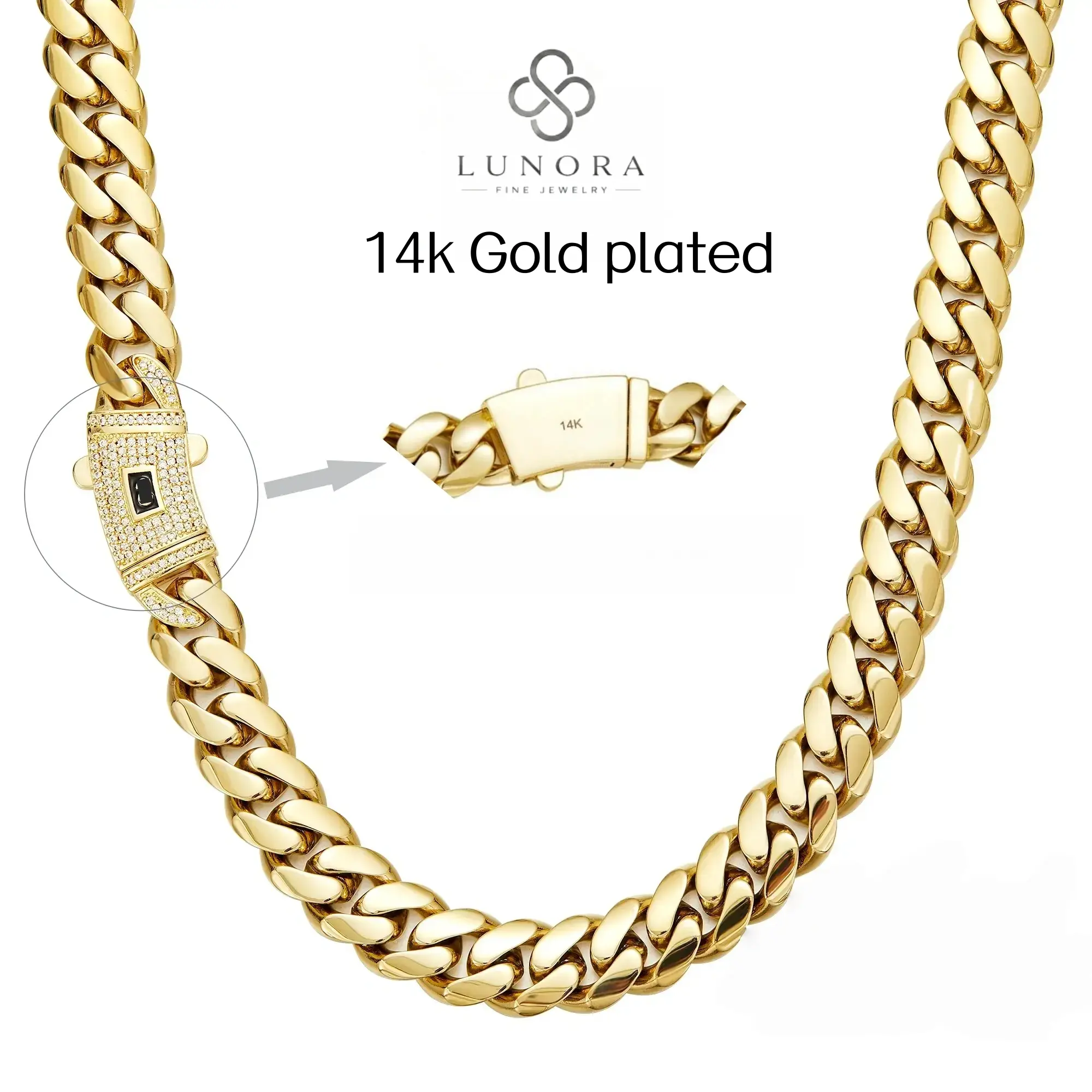 14K Real Gold-Plated Miami Link Cuban Necklace with Chain and Diamond Clasp Anti-Friction Colorfast Waterproof Stainless Steel Thickened Chain Hip Hop Jewelry Chain Width: 6/8/10/12/14 mm Ideal for Casual & Formal Wear The Best Gift For Men and Women
