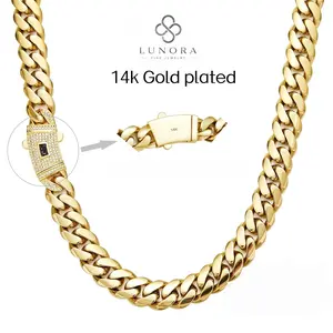 14K Real Gold-Plated Miami Link Cuban Necklace with Chain and Diamond Clasp Anti-Friction Colorfast Waterproof Stainless Steel Thickened Chain Hip Hop Jewelry Chain Width: 6/8/10/12/14 mm Ideal for Casual & Formal Wear The Best Gift For Men and Women