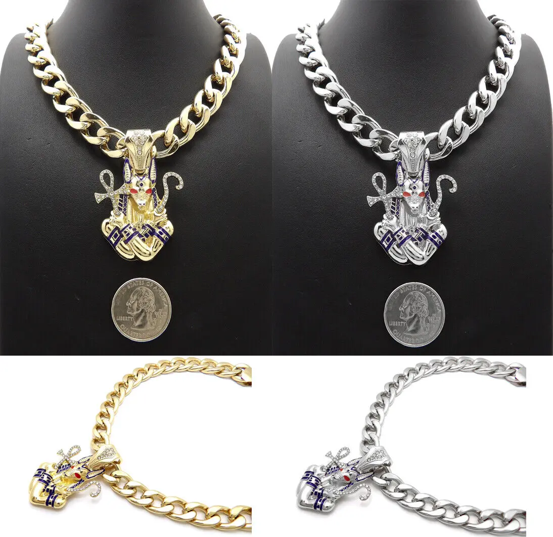 MaxBling81 High Quality Hip Hop Celebrity Style Trendy Anubis with Ankh Cross Pendant - 10mm Cuban Link Chain (16"-30" Lengths:16",18",20",24",30"), Gold/Silver Plated Unisex Daily Wear Hip Hop Costume Jewelry Necklace, High Quality Pendant, Hip Hop Celeb