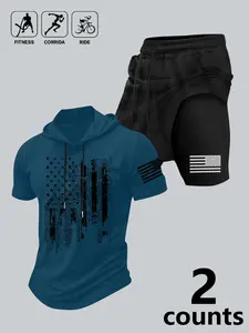 Men's 2-Piece American Flag Workout Set, Hooded Short Sleeve T-Shirt & 2-in-1 Athletic Shorts, Quick Dry Gym Outfit for Training, Fitness #tiktokmademebuyit