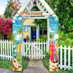 2D Flat 2Pcs Polyester Porch Couplets, Summer Beach Surfboard & Swim Ring, Smooth Draping & Fade Resistant, Fresh Vacation Style, for Tropical Party, Beach Themed Event, Birthday Gathering, Pool Party, Outdoor Backyard Decor, Window Display