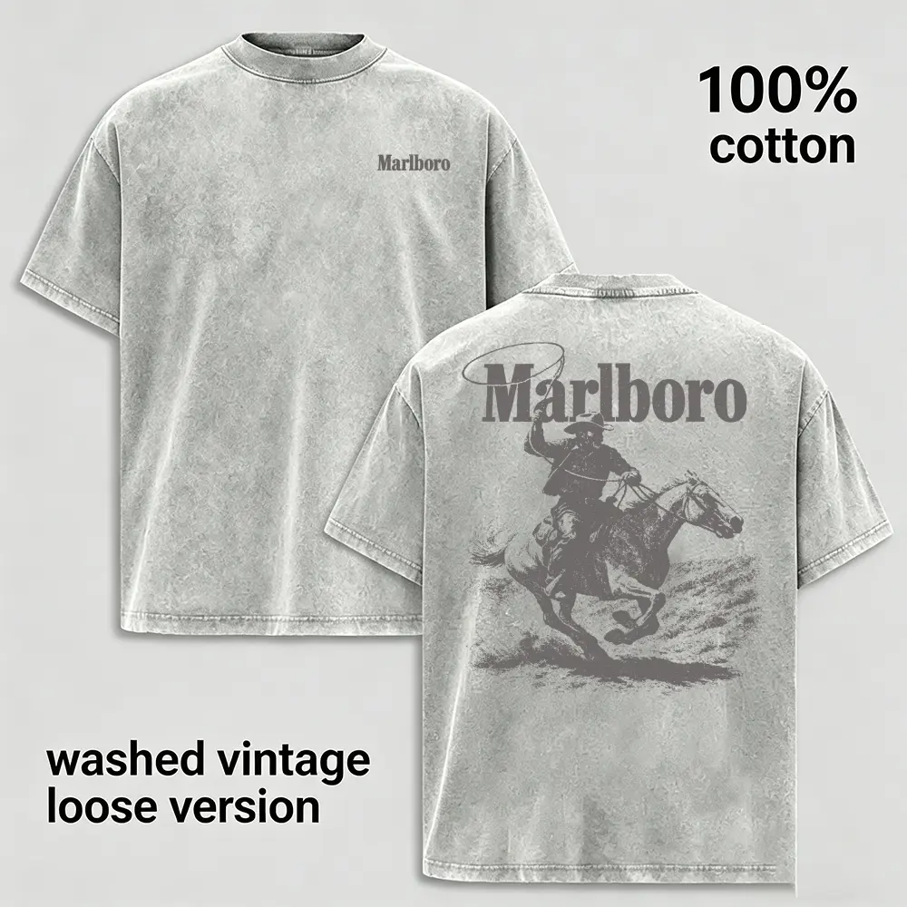 Men's Retro Western Style Graphic Tee, Loose Fit Washed Cotton Short Sleeve Shirt