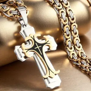 Men's Vintage Flat Handmade Necklace With Multilayer Golden Black Stainless Steel Cross Pendant Necklace Jewelry 24inch Chain