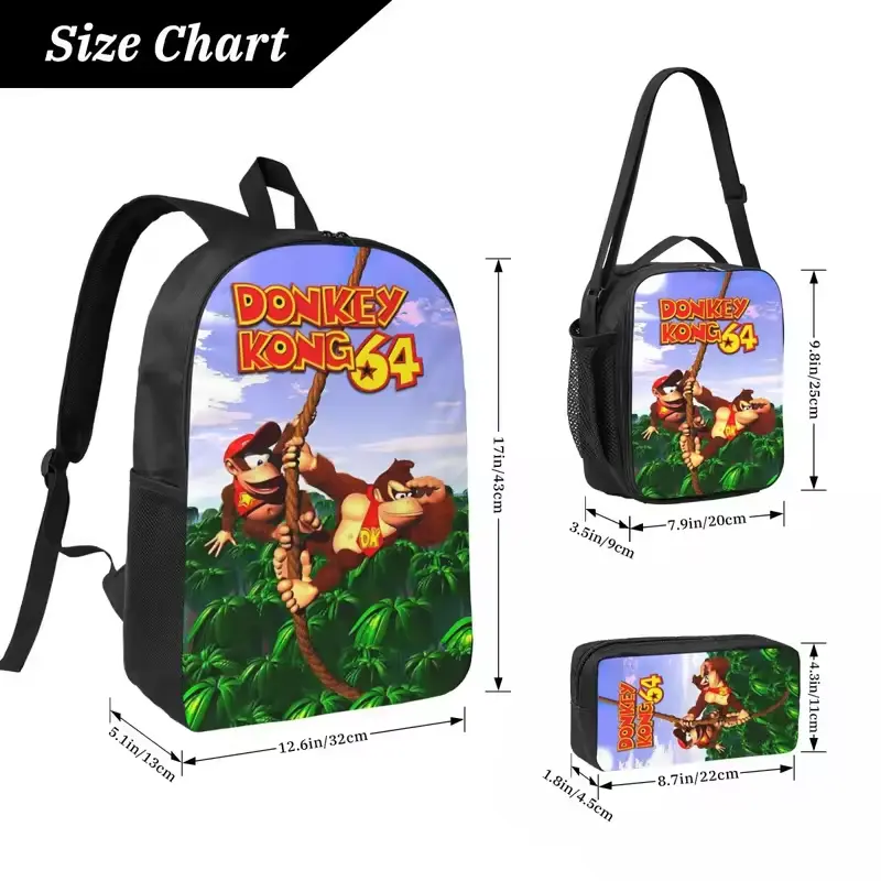 3Pcs Donkey Kong Bananza School bags Set for Children Pen Bags Backpack Sets with Lunch Box For Primary School Students Knapsack