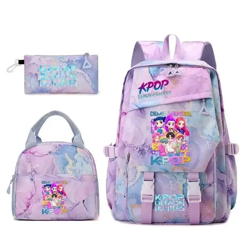 KPOP Demon Hunters Backpack Set 3 in 1, Cute Anime Girls Print School Backpack with Lunch Box Pencil Case, Water Resistant Large Capacity Bookbag for Girls Teens Elementary Middle School, Purple Marble Lightweight Travel Daypack
