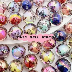 10 Pcs 16mm Acrylic Butterfly Print Beads, UV Coated Round Craft Beads, Multi-Color Mix, Ideal for DIY Jewelry Making, Bracelets & Gifts, Beads Charms Accessories