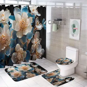 White peach blossom 3D Printing Photo Style shower curtain Sets with Rugs 4 Piece Gold Flowers Leaves Bathroom Decor Set with Non-Slip Rugs Toilet Lid Cover and Bath Mat, Home Bathroom Shower Curtain Set with 12 Hooks