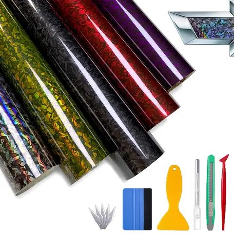 12" x 60" Gloss Forged Carbon Fiber Car Wrap Vinyl, Bubble Free Air Release Adhesive Car Wrap Film Roll DIY Decals, with Wrap Tools Set for Vehicle Exterior Decoration