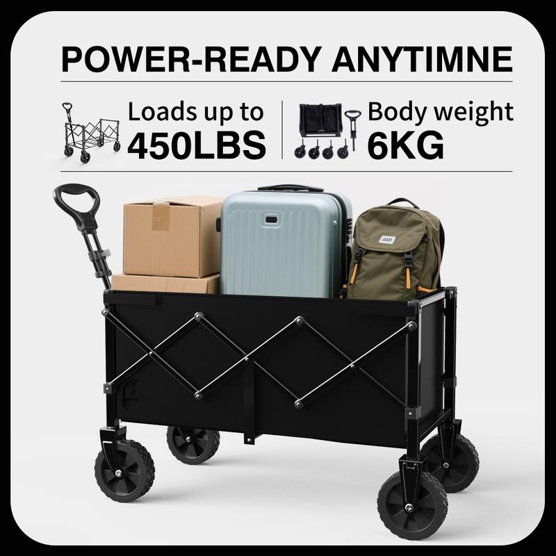 Heavy-Duty Foldable Utility Wagon with 360° Wheels & Adjustable Handle 450LBS Capacity Portable Cart for Groceries Camping Beach Folding Trolley