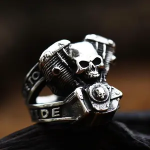 GTHIC Engine Wrench Skull Ring for Biker Punk Jewelry Gift Stainless Steel