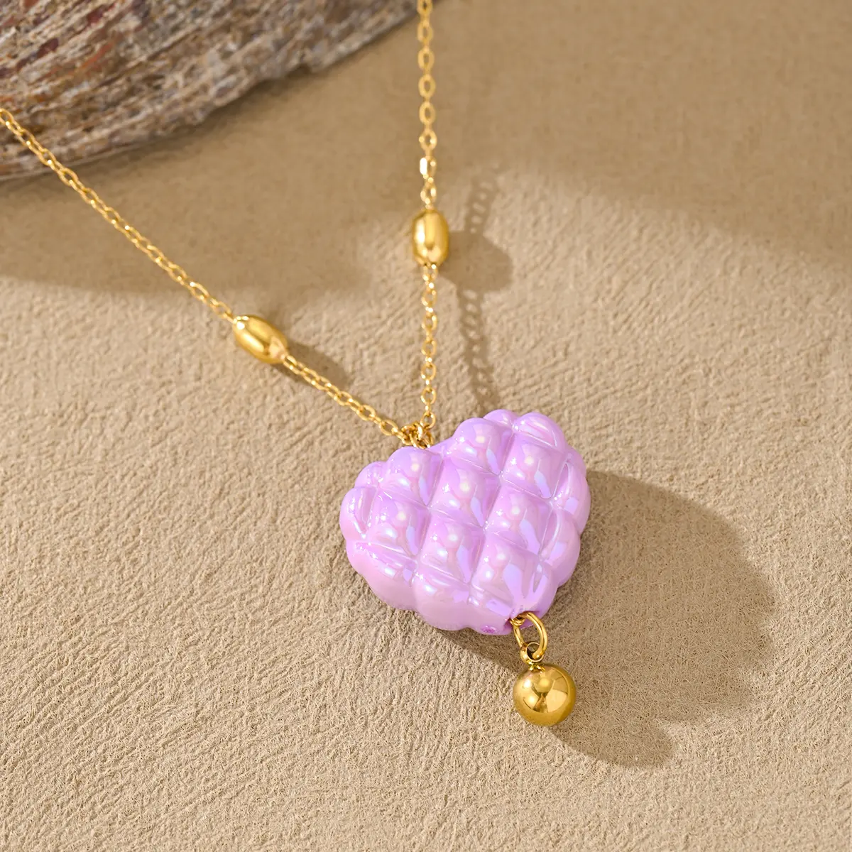 Women's Retro Purple Plaid Heart Pendant Stainless Steel Long Casual Chain Jewelry Necklaces for Female Beach, Party Wear, Yes, No, Metal Coating