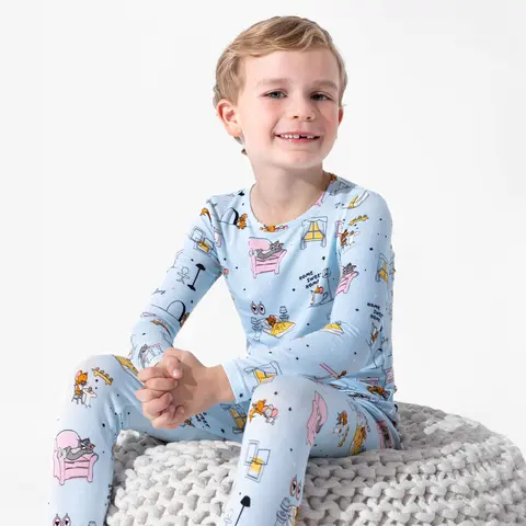 Bellabu Bear Tom & Jerry Animated Character Print Pajama Set - Bamboo High Long Sleeve Soft Breathable Pjs for Boys, Cartoon Colorful Kids' Sleepwear