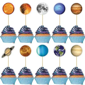10/20Pcs Outer Space Cupcake Toppers Planet Rocket Spaceship Trip to the Moon Star Cupcake Picks Solar System Galaxy Universe Planets Birthday Cupcake Decorations Party Supplies