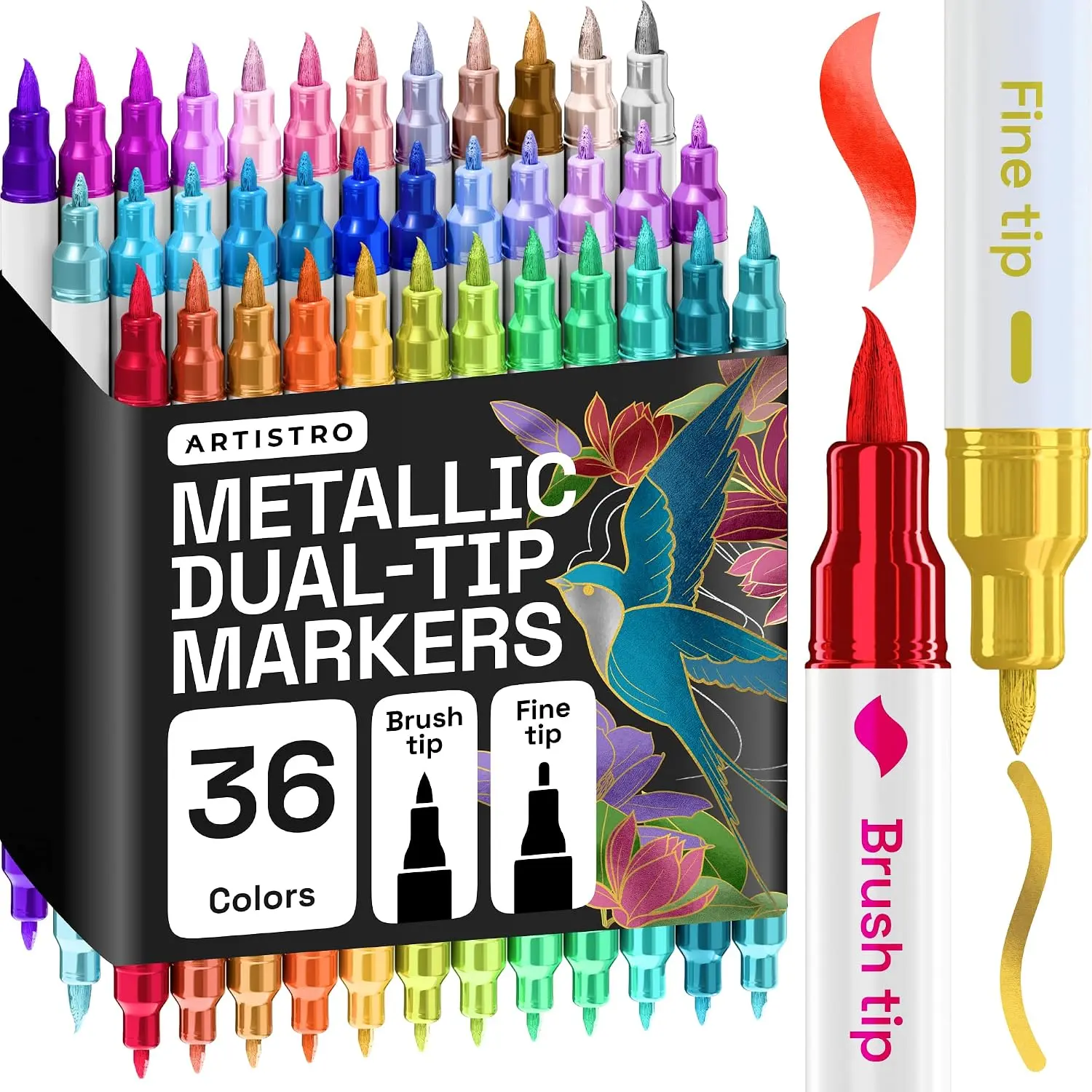 ARTISTRO Unisex Dual Tip Metallic Acrylic Markers - 1-5 mm Chisel & Brush Tip, Easy-to-Hold Paint Pens for Arts & Crafts, Fabric, Ceramic, Rock, Glass, Wood, Molds