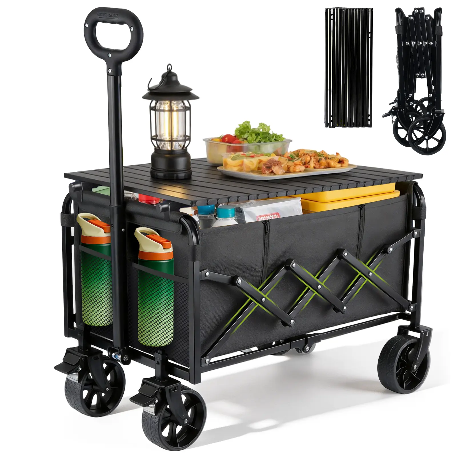 380LBS Large Collapsible Folding Wagon Carts Heavy Duty with Table & Brakes | 150L Large, 2 Cup Holders, Foldable, Portable, All-Terrain, 360° Swivel Wheels, Camping/Shopping/Garden/Fishing/Beach/Sports