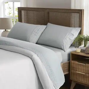 Soft Microfiber Eyelet Lace Embroidery 4 count Sheet Set - Luxurious Microfiber Bed Sheets - Includes Flat Sheet, Fitted Sheet with Deep Pockets, & Pillowcases (Gray,  (U.S. Standard))