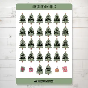 Christmas Countdown Advent Calendar Sticker Sheets for Planners, Journals, Scrapbooks Matte Decor Christmas Gift