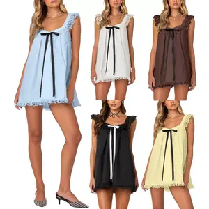 Woman's Coquette Square Neck Lace Trim Bow Mini Dress, Breathable Lightweight Cotton, Loose A Line Slimming Slip Dress, Multicolor Spring Summer Casual Dress, For Daily Date Picnic Party Outing, Trendy TikTok Aesthetic Sweet Cool Short Dress