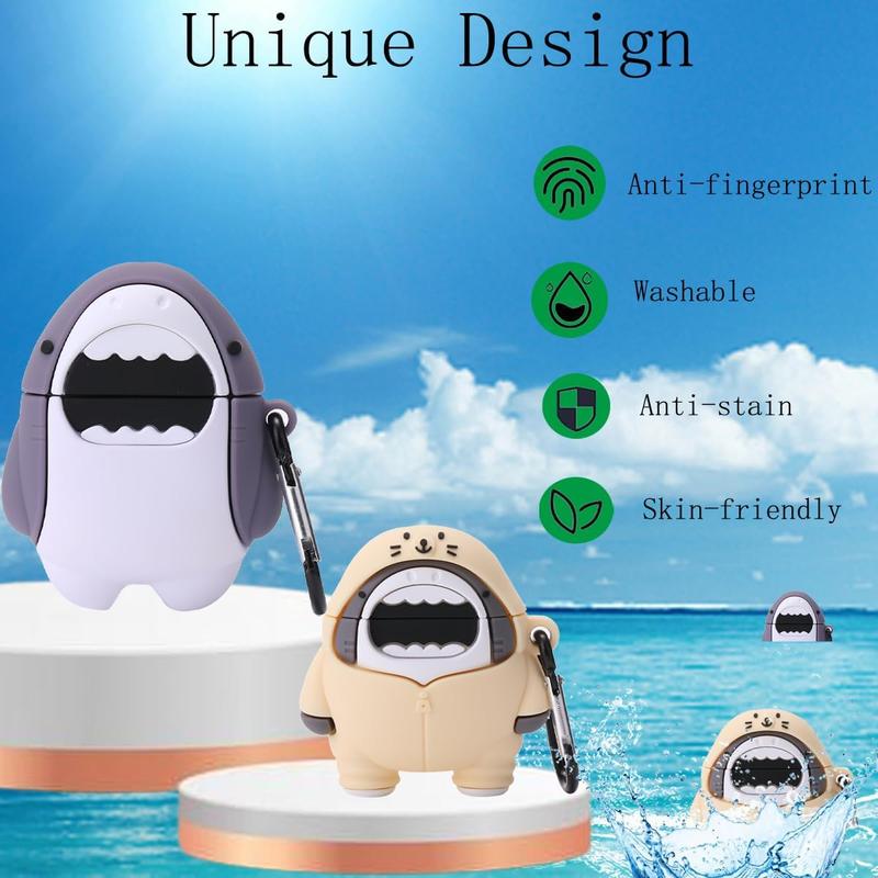 【2 Pack】 3D Cute Shark Case for Airpods 1st/2nd - High-Quality Soft Silicone Clip-on Keychain Protective Cover for Audio Headphones - Unique Purple & Beige Shark Design - Excellent Protection Against Accidental Drops