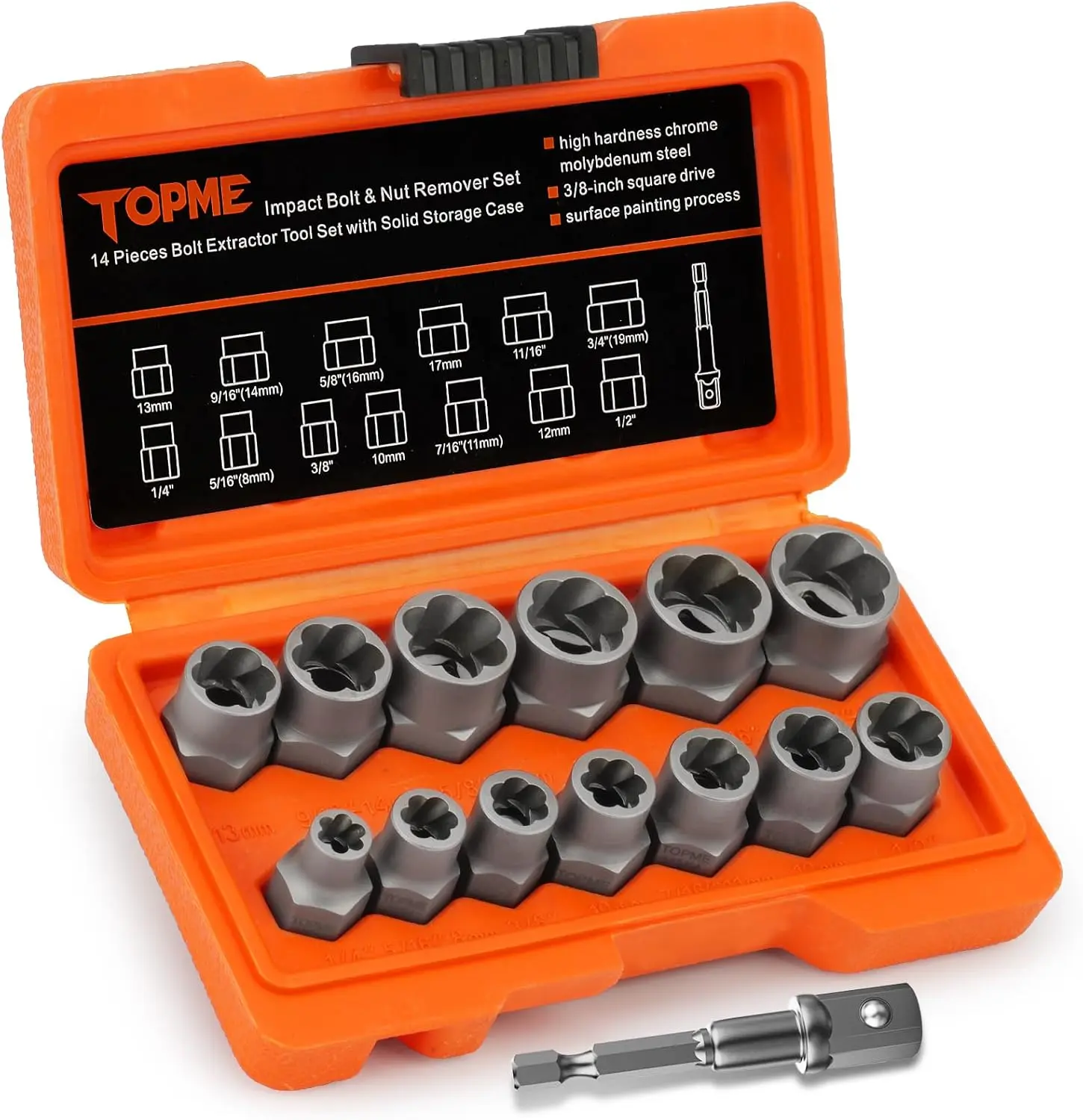 【DealsForYou】TOPME 13+1 Pcs Bolt Extractor Kit CR-MO Steel Nut Remover Set, 3/8" Drive Socket for Removing Frozen/Rusted/Rounded Bolts & Lug Nuts (Sizes 8-19mm),Automotive & Machinery Repair, Socket Wrench Set, Car Tools,father'sdaygifts