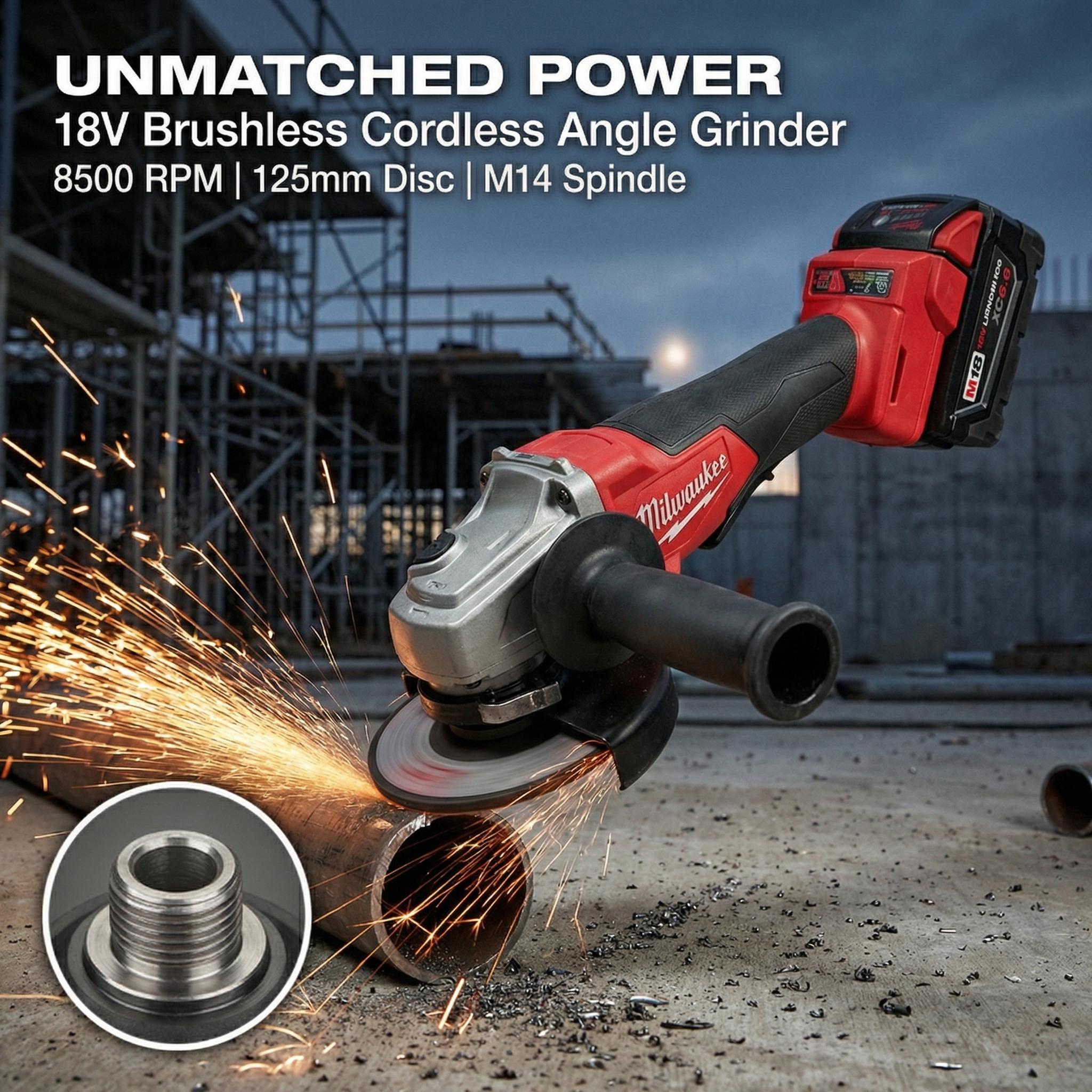 Milwaukee 18V Brushless 125mm Angle Grinder Featuring 8500 RPM Variable Speed and 33mm Cutting Depth, Professional M14 Spindle Power Tool for Metal Grinding and Heavy Duty Concrete Cutting Tasks in Construction Sites