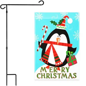 G128 Combo Pack: Garden Flag Stand Black 36x16 Inch & Garden Flag Merry Christmas Penguin with Candy Cane 12x18 Inch