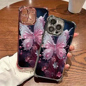 Pink Butterfly Pattern Design Full-Coverage Shockproof Fashion Phone Case Compatible with iPhone 17/16/15/14/13 Pro Max, Samsung S25/24/23/22 Ultra Series